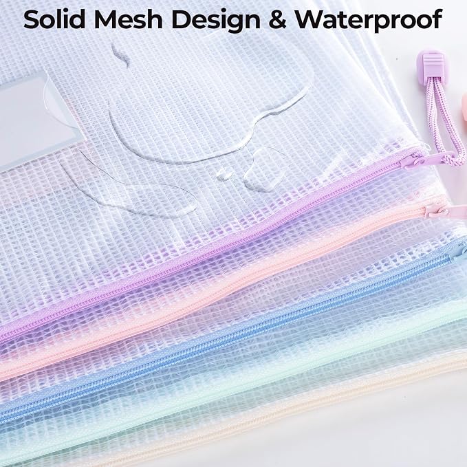 20pcs Mesh Zipper Pouch Bags File Puzzle Storage Bags, A4 Zipper Bags for Organizing Storage, Waterproof Zipper Pouches with Label Pocket, Board Games and Office Supplies (Macaroon Colors)
