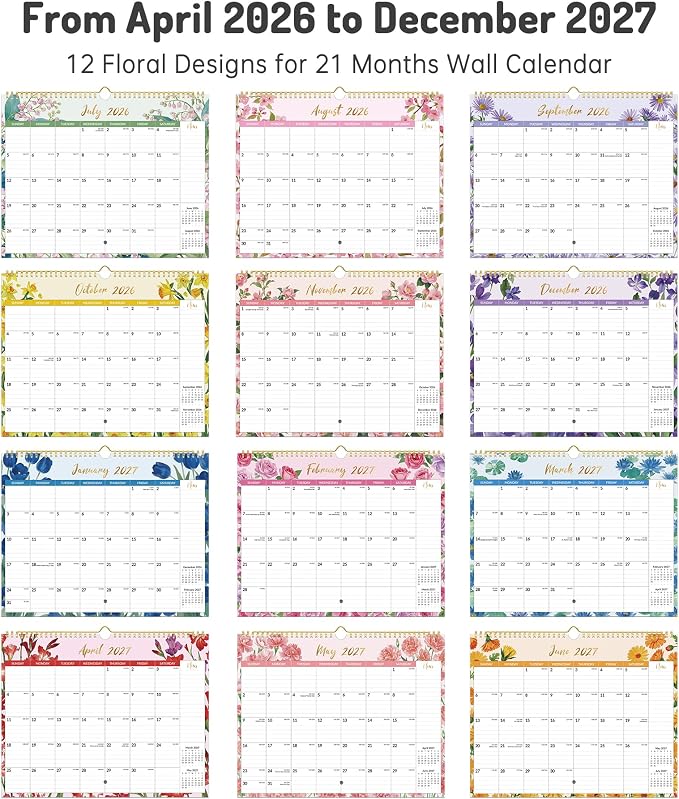 2026 Calendar, Forvencer 21-Month Wall Calendar 2026, Apr 2026 - Dec 2027, 14" x 11" Large Monthly Planner Calendars with Notes Section & Stickers, Ruled Block, Spiral Binding Hanging for Home Office