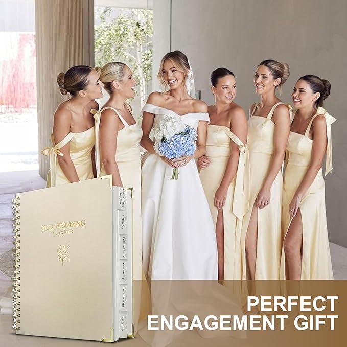 LADY&HOME Wedding Planner Book and Organizer, Linen Cover Wedding Planner Book, Bridal Planning Binder for Bride to be Gifts with Calendars, Checklist and Pockets (Apricot)
