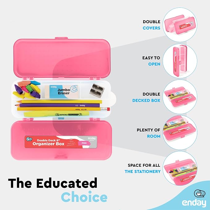 Enday Pencil Box Pink, Plastic Double Deck Pencil Case with 7 Compartments, Box Organizer with Snap Closure for Home and Office