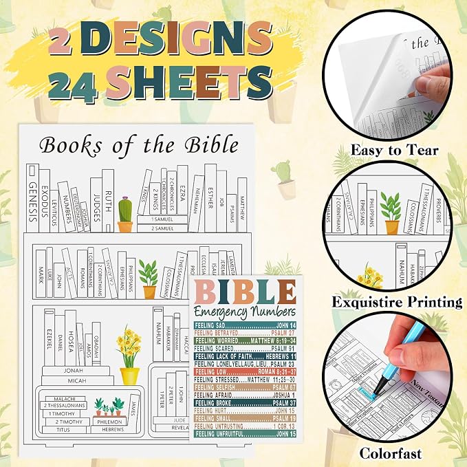 Kosiz 24 Pcs Books of The Bible Stickers Emergency Numbers Sticker Christian Bible Reading Tracker Book Shelf for Women Men Journaling Scripture Study(Bright Style)