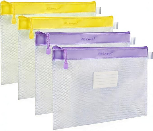 Wisdompro Zipper Pouch, 4 Packs Durable Letter Size Waterproof Mesh File Bag, Document Organizer - Purple/Yellow