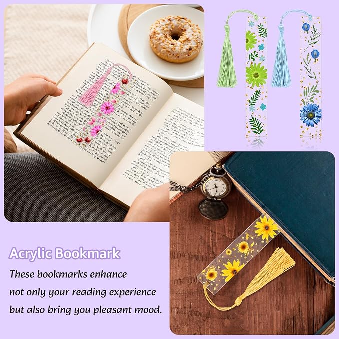 4 Pieces Pressed Flower Bookmarks for Men Women Book Lovers, Dried Flower Bookmarks with Tassels Transparent Acrylic Bookmark Floral Dried Flowers Page Marker for Reading Lover Students Teachers