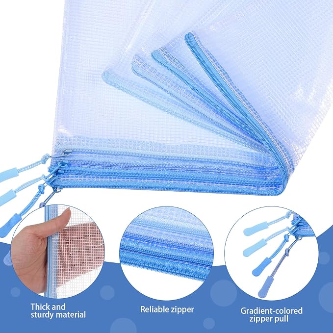 Feifeiya 24 Pack Blue Mesh Zipper Pouch Bags, A4 Size Clear Mesh Zipper Storage Bags Bulk for School Office Organization