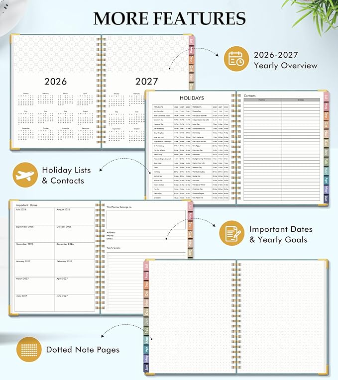 Academic Planner 2026-2027, Hardcover Leather Weekly and Monthly Calendar Planner from July 2026 - June 2027, A4 8.5" x 11" Daily Agenda with Tabs, College School Organizer for Student Teacher, Dusty Blue
