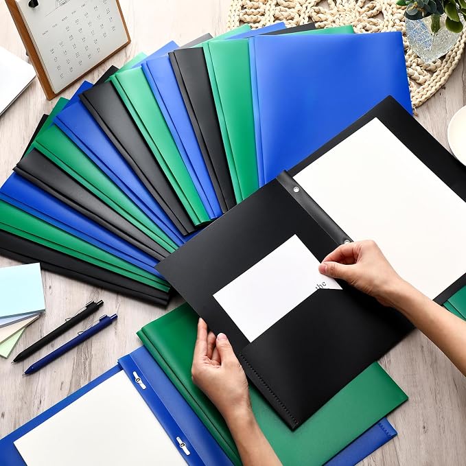 Cholemy 72 Packs Pocket Folders with Prongs Heavy Duty Plastic Folder with Business Card Slot 3 Prong Fasteners for School Office (Black,Blue,Green)