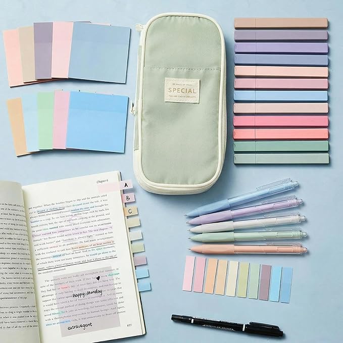 Jutom 39 Pcs Aesthetic Book Annotation Kit Highlighter with Pencil Case Bag Gel Pen Transparent Sticky Note Taking Bible Study College School Supplies (Green,Cute Style)