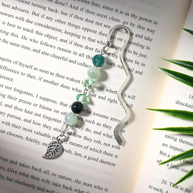 Vintage Metal Leaf Bookmark Pendant with Natural Crystal Bead Chain–Elegant Bookmarks for Women,Men,Book Lovers,Teachers and Students(Green Jade)