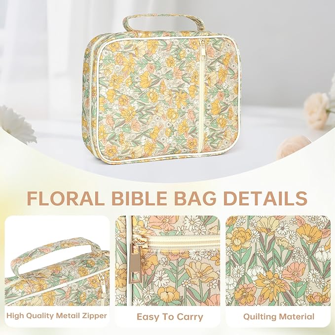 Bible Cover Case for Women Corduroy Bible Case for Girls Large Bible Cover with Handle Bible Study Supplies Accessories Christian Gifts for Women (Sun Flower, Medium)