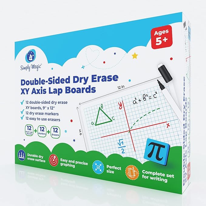 Simply Magic 12 Pack Double-Sided Dry Erase Graph Lap Boards - Class Set of Individual Classroom Whiteboards for Students, XY Axis Graphing Lap Boards - Math Teacher Supplies for Classroom - 12''x9''