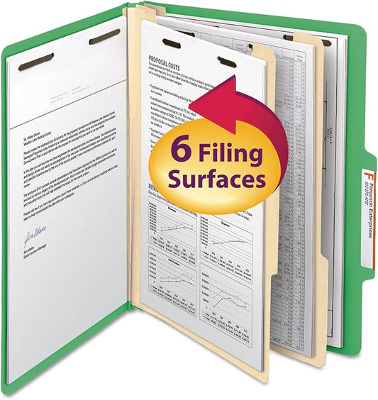 Smead Classification Folder with Prongs, 2 Dividers, 2" Fasteners, Letter Size, for Documents Organization, Durable File Organizer for Home, School or Office, Green (14702)