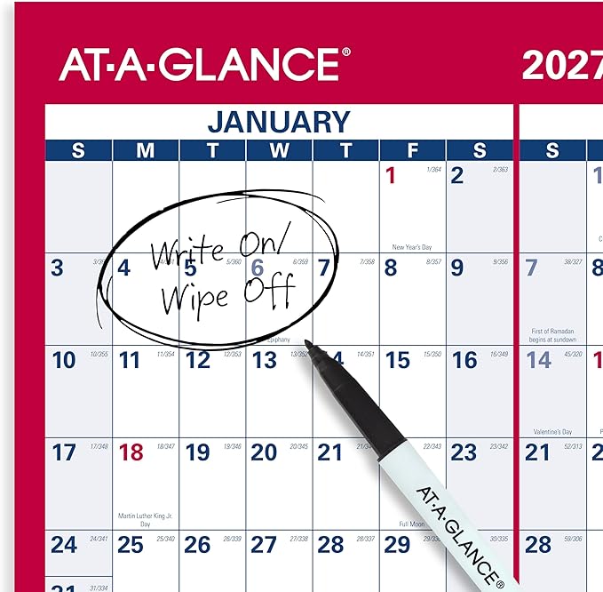 AT-A-GLANCE 2027 Erasable Calendar, Dry Erase Wall Planner, 36" x 24", Vertical-Horizontal, Reversible, Includes Marker (PM262827)