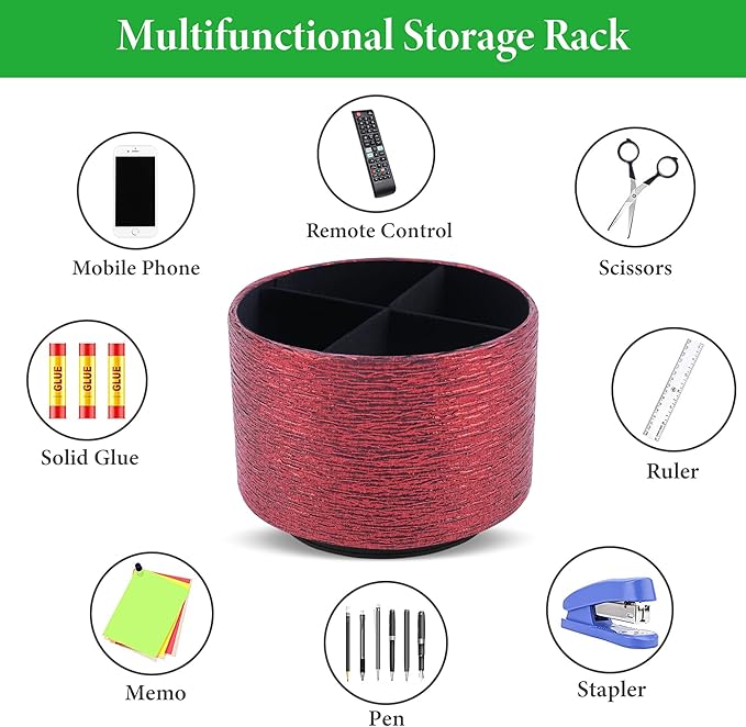 Round Leather Art Supply Organizer,Remote Control Holder,360-degree Rotating Pen Organizer with 4 Compartments(1-Light Tree Red)