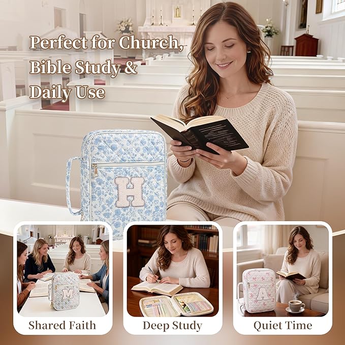 Personalized Initial Bible Cover Case for Women – Large Quilted Bible Bag with Handle, Chenille Letter, Bible Study Kit, Christian Gift for Mom, Grandma & Daughter (Blue Floral-H)