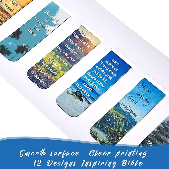 Zonon 12 Pcs Bible Magnetic Bookmark Inspirational Scripture Christian Book Markers Religious Verse Magnetic Bookmark Page Clip Assorted Marker Set with Landscape for Reading School Supplies