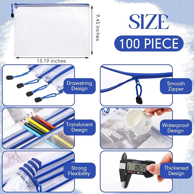 Zhehao 100 Pcs A4 Mesh Zipper Pouch Bag Bulk Mesh Pouch with Zipper Waterproof Clear Storage Bag for School Office Supplies Cosmetics Travel,13.19 x 9.45 in (Blue)