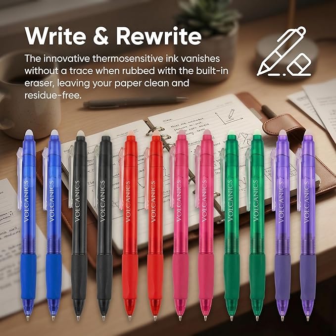 Volcanics Erasable Gel Pens 36 Pack, 6 Vibrant Colors, 0.7mm Fine Point Clicker Retractable Gel Ink Pens, Smooth & Refillable, Back to School Essentials for Home & Office Use