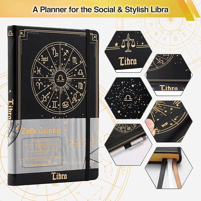 AuroPlanner Libra Zodiac Undated Planner – Monthly Weekly Daily Astrology Portable Journal Notebook, A5 (5.8” × 8.3”), 160 Pages 4-Month Layout, 100 GSM Paper