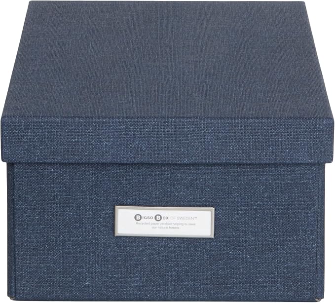 Bigso Karin KD Collapsible Storage Box with Labelframe for Easy Identification - Simple Assembly without Tools - Decorative Storage Boxes with Lids - 8.9in x 12.4in x 5.4in - Blue