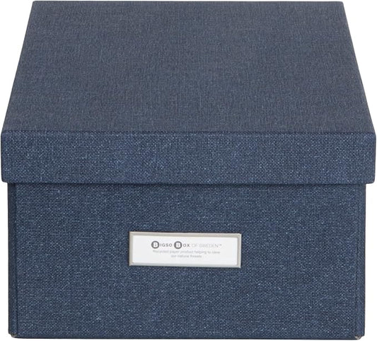 Bigso Karin KD Collapsible Storage Box with Labelframe for Easy Identification - Simple Assembly without Tools - Decorative Storage Boxes with Lids - 8.9in x 12.4in x 5.4in - Blue