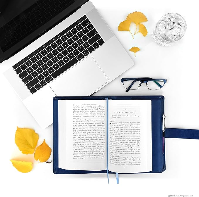 GALILEO® Double AA Big Book Cover & 12 Steps & 12 Traditions | Medallion Holder | AA Gift | Alcoholics Anonymous | PU Leather | AA Book Covers for Hardcover (Plain/Coin Pocket/Navy Blue)