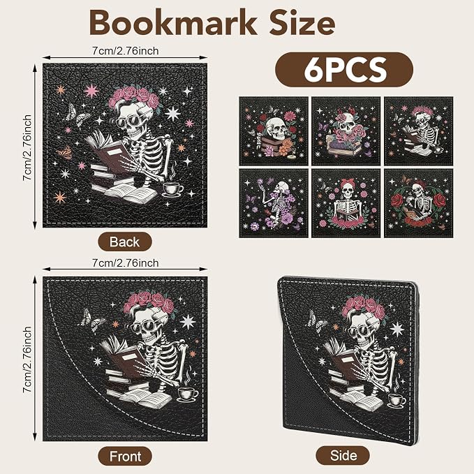 6Pcs Skull Corner Bookmarks,2.76 ×2.76Inch Skeleton PU Leather Book Marks Book Reading Accessories Birthday Gifts for Book Lovers Reading Women, Men, Student, Teacher