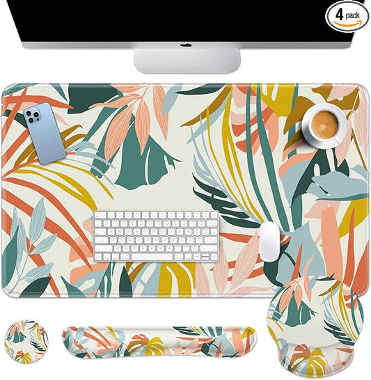 Britimes Bohemian Rainforest Keyboard Mouse Pad Set 4in1 Large Mousepad+Keyboard Wrist Rest+Mouse Wrist Rest+Coaster Set with Ergonomic Design for Home Office Computer 35.4x15.7 inches