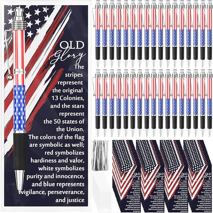 Motiskyy 75 Sets American Flag Ballpoint Pens Bulk USA Patriotic Themed Black Ink Retractable Pen Stars Stripes Bookmarks Stationery 250th Anniversary Souvenirs for Veterans Home Office Army
