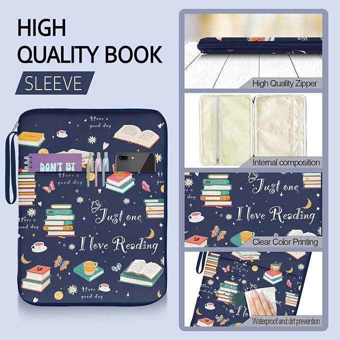 Book Sleeve Protector Pouch Case Sleeve with Zippe Journal Book Sleeve Cover for Book Lovers Gift Cute Printed Bag Waterproof Book Club Gifts for Women Teacher Reader Librarian