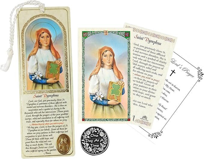 Trendzeen St Dymphna Prayer Card - with Book Mark, One Day At A Time Pocket Token, The Lord's Prayer - Catholic Patron Saint - 4 Items in Set
