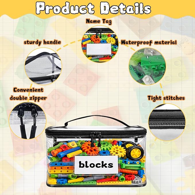 5 Pack Clear Toy Storage Bags, Toy Organizers and Storage with Labels and Manual Pocket, Suitable for Storing Puzzles, Stationery, Building Blocks (5 Packs Colorful Size L(L: 9.5 * 7 * 5.7Inch))