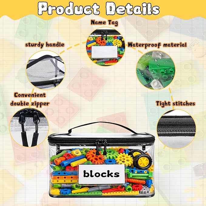 5 Pack Clear Toy Storage Bags, Toy Organizers and Storage with Labels and Manual Pocket, Suitable for Storing Puzzles, Stationery, Building Blocks (5 Packs Size XL(XL: 11.8 * 9 * 7Inch))