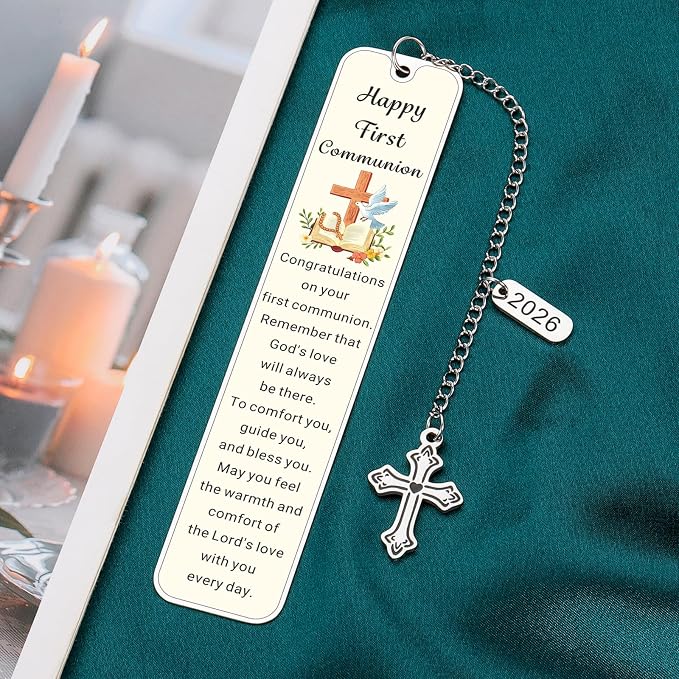 First Communion Gifts for Girls Boys 1st Communion Gifts for Catholic Goddaughter Godson Kids Teens Holy Communion Bookmark with Cross Charm Easter Basket Stuffers Baptism Confirmation Party Favors