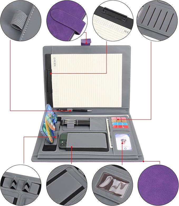 Wason Portfolio Padfolio A4 Leather PU Folder File Document Holder Case with Writing Pad Removable Clipboard Card Stationary Case Phone Tablet Stand for Organizer Office Travel School (Purple)