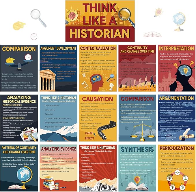 Pajean 16 Pcs Think Like a Historian Posters Social Studies Classroom Decorations Thinking Posters Bulletin Board Set for Middle High School Office Home Classroom Supplies