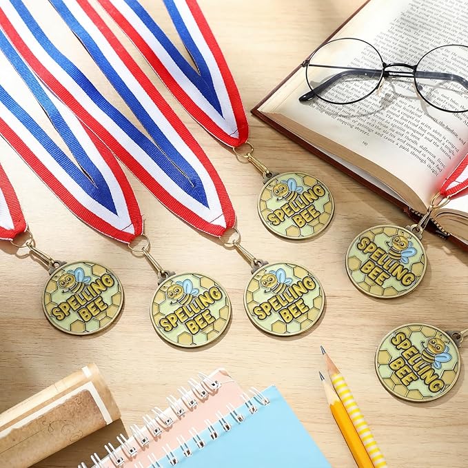 Cunno 20 Pcs Spelling Bee Medals Bulk 2'' Spelling Bee Honeycomb Award Medals with Neck Ribbon Trophy Prizes Winner Gift for School Classroom Students Teaching Competitions Supplies