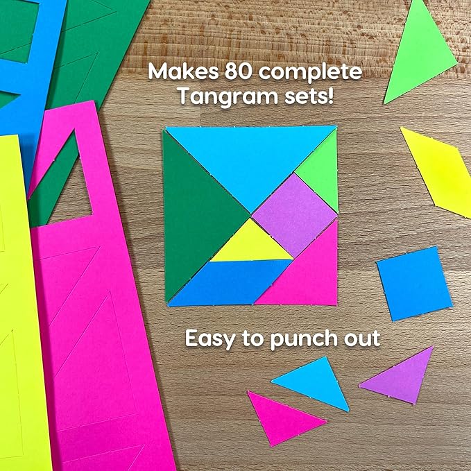 714 Pcs Tangram Shapes Easy Punch-Out Math Manipulatives for Learning Multicolor Triangles, Squares, Parallellograms Easy-Punch Paper Shape Cutouts in 7 Bright Colors US Made Card Stock