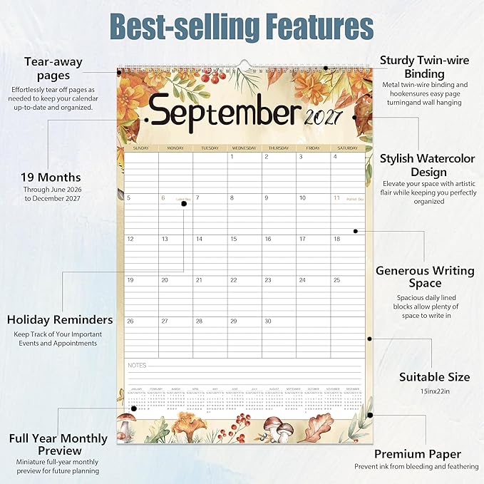 GuassLee Large Wall Calendar 2026-2027,19-Month Vertical Wall Calendar Runs from Jun. 2026 to Dec. 2027, 22"x15" Hanging Monthly Planner with Thick Paper Watercolor Design for Easy Organizing