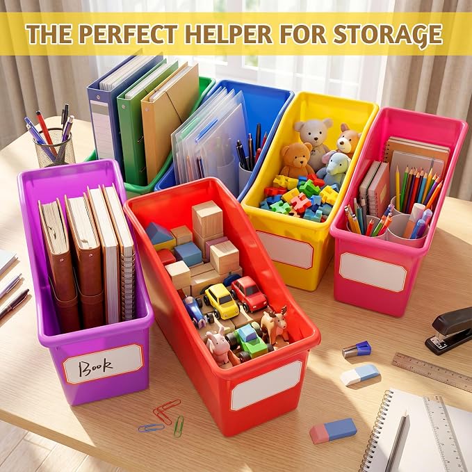 Teling 36 Pcs Book Bins Bulk - Plastic Book Storage Bin with Labels for Classroom Interlocking Magazine Holder Organizer Binder Container Box for School Office Desktop Bookshelf Home (Rainbow Bright)