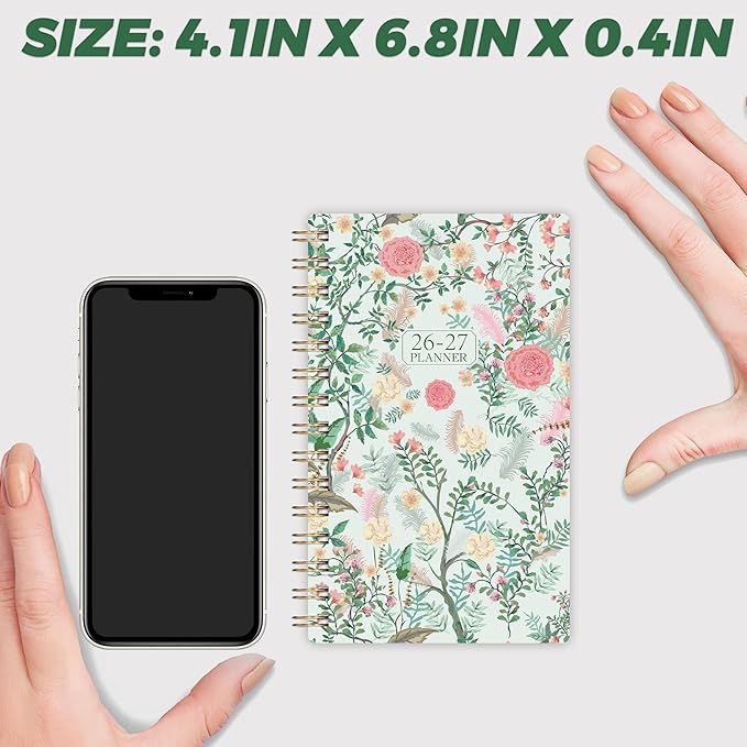 Pocket Calendar 2026-2027 - 2026-2027 Pocket Planner for Purse, Jul. 2026 - Jun. 2027 Planner Weekly and Monthly, 4.1'' × 6.8'', 12 Months Tabs, Strong Twin-wire Binding, Floral Cover