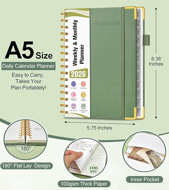 2026 Planner, Hardcover Leather Weekly and Monthly Planner, January 2026 - December 2026, Spiral Yearly Agenda Organizer Book 2026 with Tabs, Daily Calendar Planners for School Work Home, A5 (5.75" x 8.38"), Green