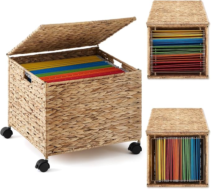Jingmore Rolling File Box Organizers, Water Hyacinth Letter/Legal Size File Organizer with Lid and Locking Wheels, Collapsible Hand Woven Hanging Filing Cabinet Box for Office/Home Decor, Natural