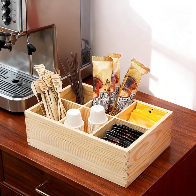 Yopay 4 Pack Wood Organizer Caddy, 6 Compartment Pen Holder Caddy, Stackeble Tea Bag Organizer Sugar Packet Holder for Art Supplies, Makeup Brushes, Phones, Home, Office, Coffee Bar, Desktop