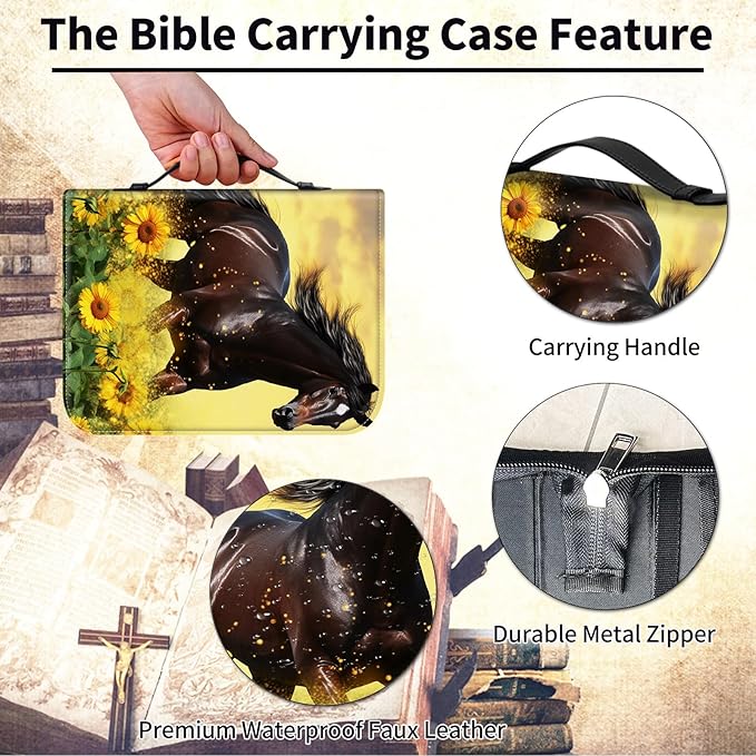 Bible Cover for Men Women,Large Leather Bible Case Fit Book Up to 11x8x2 Inch,Horse Run in the Sunflower Field Bible Covers Bible Study Carrier Church Bags w/Handle & Zipper