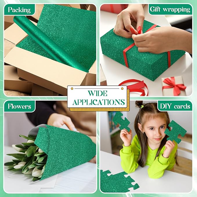 gisgfim 16" x20ft Glitter Bulletin Board Paper Roll Sparkle Color Bulletin Board Background Poster Paper Non Fading Gift Wrapping DIY Art Crafts for Office Classroom Decoration, Eucalyptus Green