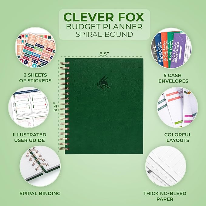 Clever Fox Budget Planner – Coiled Finance Book, Monthly Financial Journal, Budgeting Organizer & Expense Tracker Notebook, 8.5x9.5″ (Dark Green)