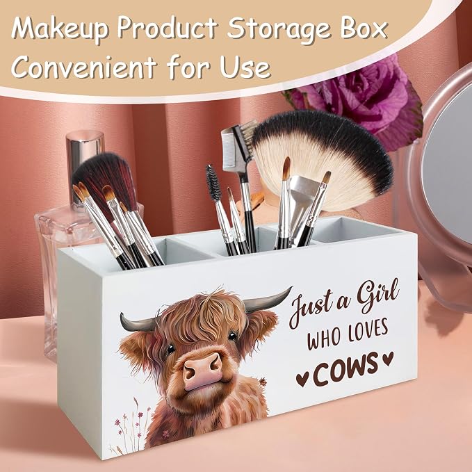 Highland Cow Pen Pencil Holder Organizer for Desk, Highland Cow Gifts for Women Girls, Just a Girl Who Loves Cows Farmhouse Wooden Box Block Sign for Home Classroom Dorm Office Tabletop Decor