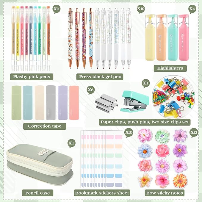 Eersida 58 Pcs Aesthetic Office Supplies Christmas Gifts with Large Pencil Pouch Ink Gel Pens Highlighters Sticky Notes Color Pens Stapler Stationary Set