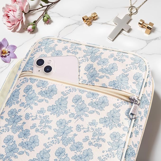 WOBAGMEN Bible Cover Case for Women,Cordoury Bible Cover with Handle,Blue Floral Bible Book Cover,Carrying Case Bible Protective Christian Gift(Cute Blue Floral, M)