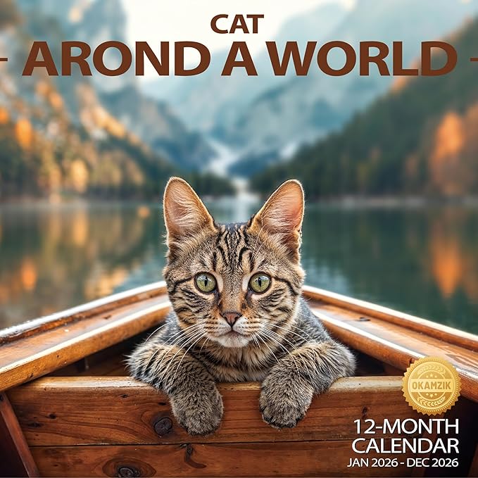 Wall Calendar 2026 Planner Calendar - Cat arond a world Hangable Monthly Wall Calendar with Large Blocks for Organizing & Planning, Academic Schedule, Home, Office & family, Thick & Sturdy Paper (12"x24" Open)
